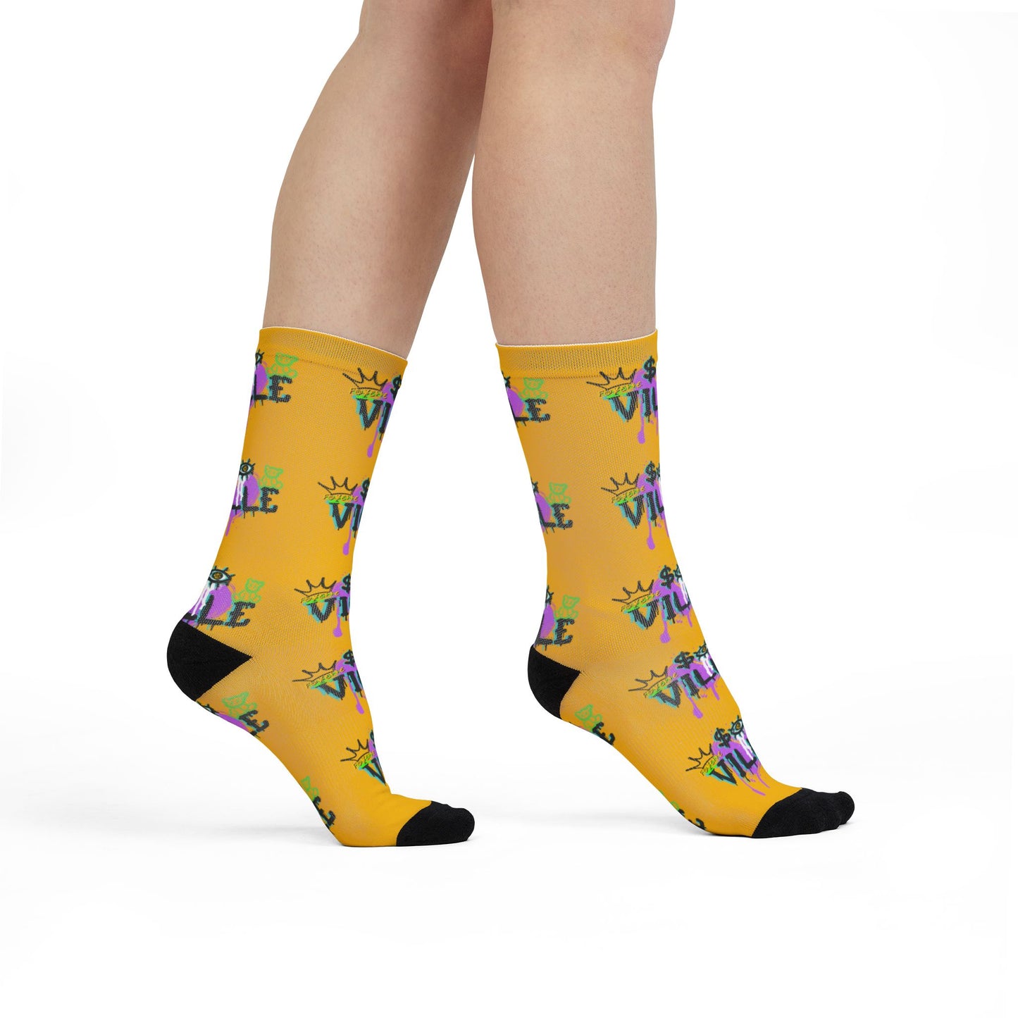 Trendy Sublimation Crew Socks - Colorful '$VILLE' Design for Stylish Comfort