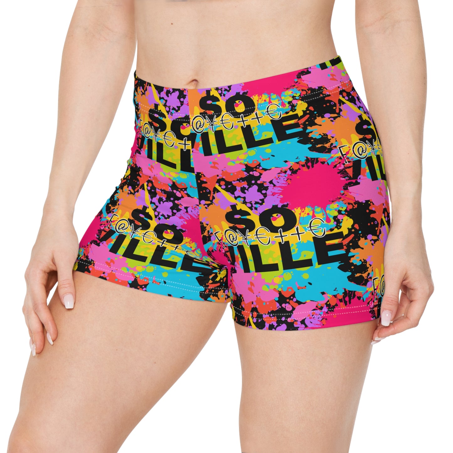 $o F@yetteVILLE Colorful Women's Shorts - Vibrant Graffiti Print for Summer Fun