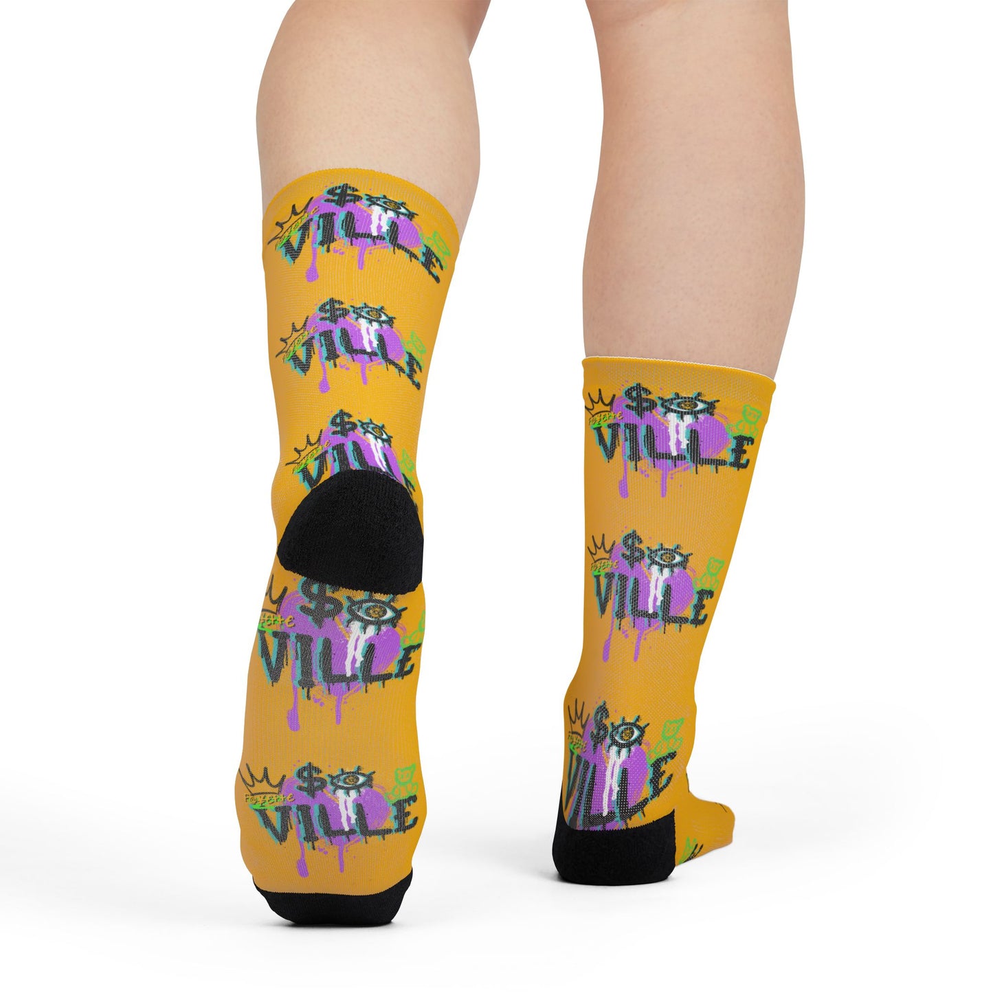 Trendy Sublimation Crew Socks - Colorful '$VILLE' Design for Stylish Comfort