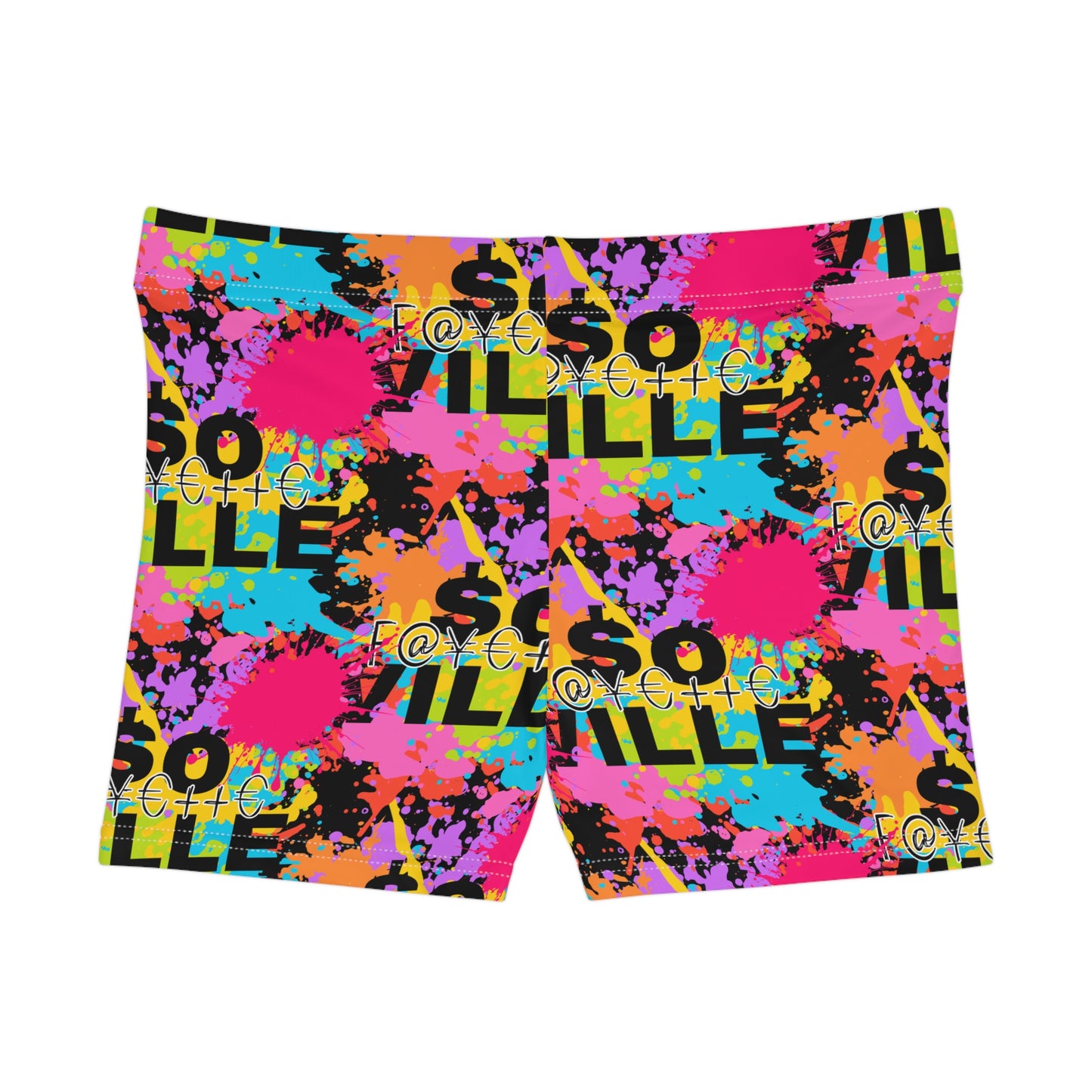 $o F@yetteVILLE Colorful Women's Shorts - Vibrant Graffiti Print for Summer Fun
