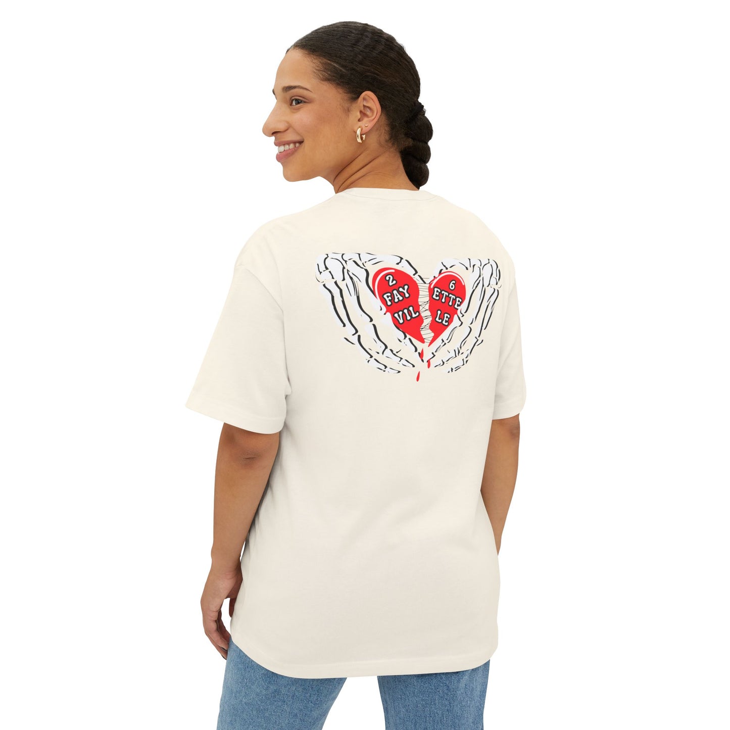 Boxy Tee — Red Broken Heart "26 Fayetteville" Graphic (Chest & Back)
