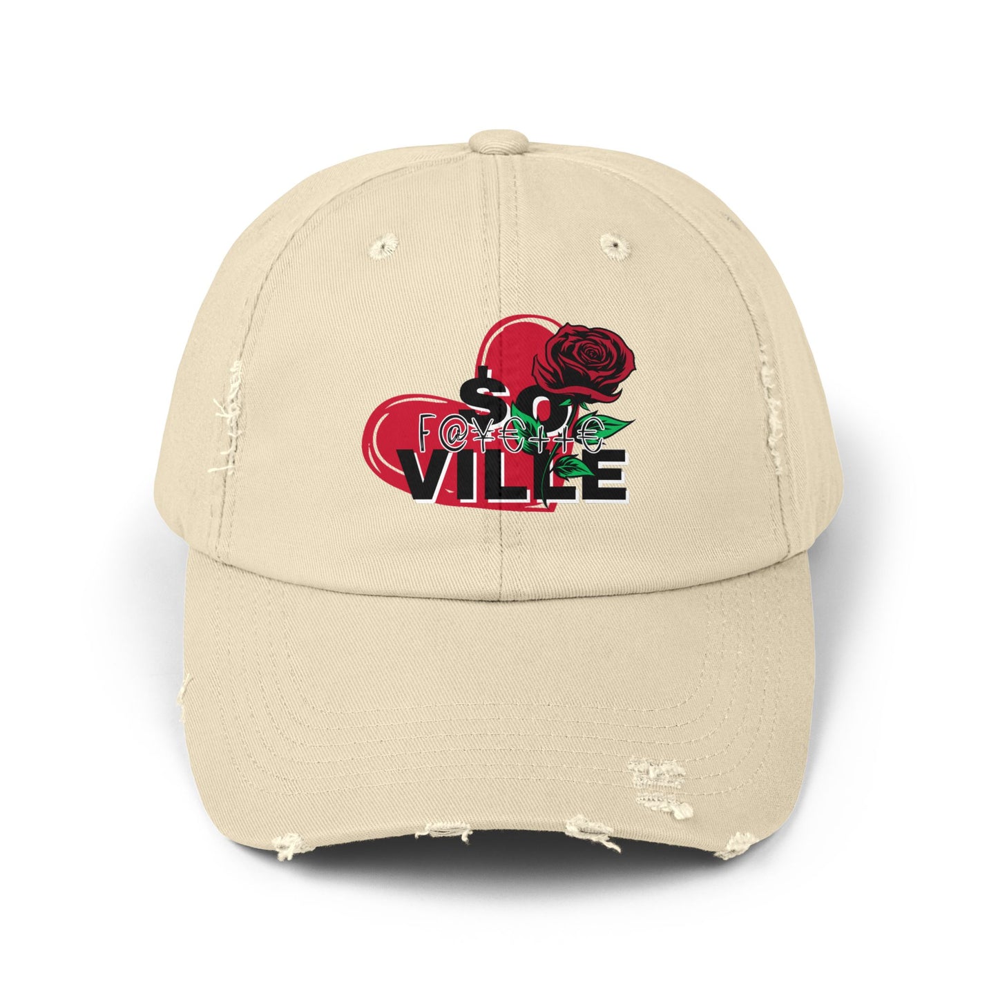 $o F@yetteVILLE Unisex Distressed Cap with Floral Heart Design - Perfect for Everyday Style and Special Occasions