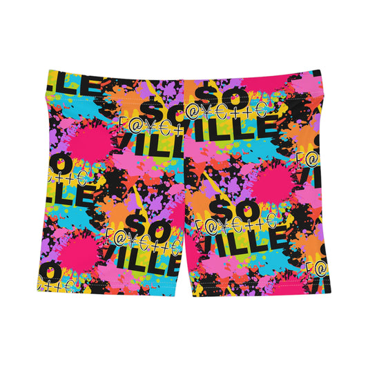 $o F@yetteVILLE Colorful Women's Shorts - Vibrant Graffiti Print for Summer Fun