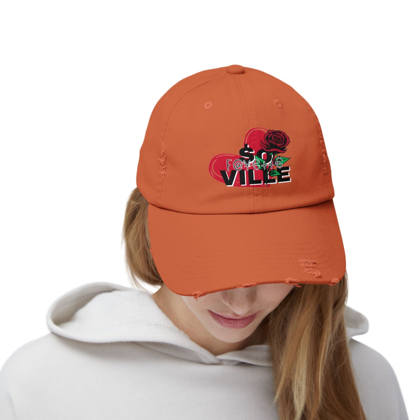 $o F@yetteVILLE Unisex Distressed Cap with Floral Heart Design - Perfect for Everyday Style and Special Occasions
