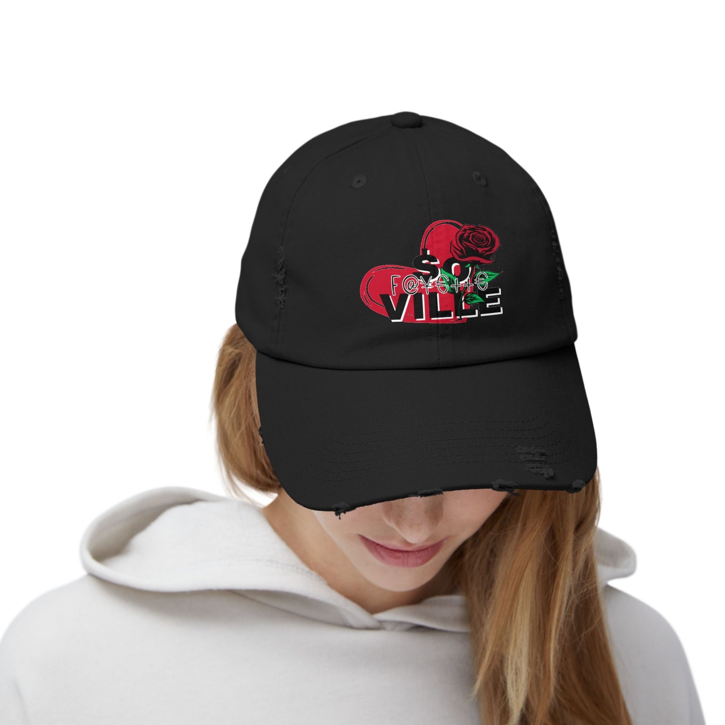 $o F@yetteVILLE Unisex Distressed Cap with Floral Heart Design - Perfect for Everyday Style and Special Occasions