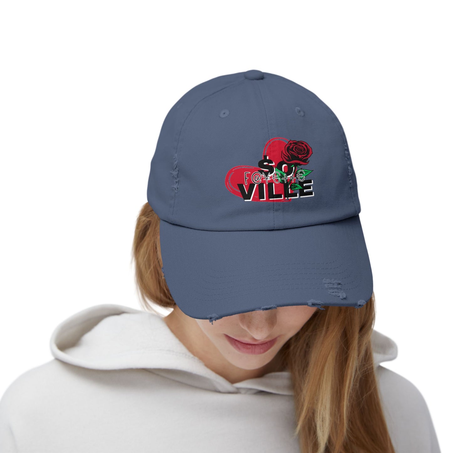 $o F@yetteVILLE Unisex Distressed Cap with Floral Heart Design - Perfect for Everyday Style and Special Occasions