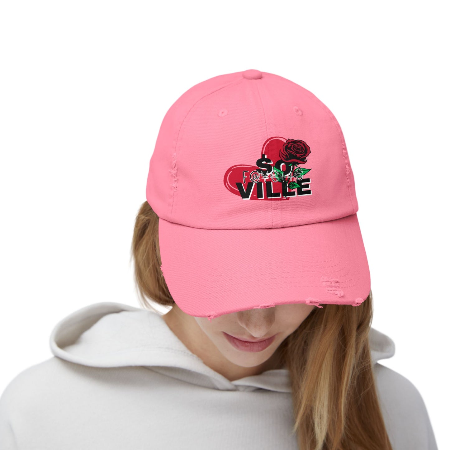 $o F@yetteVILLE Unisex Distressed Cap with Floral Heart Design - Perfect for Everyday Style and Special Occasions