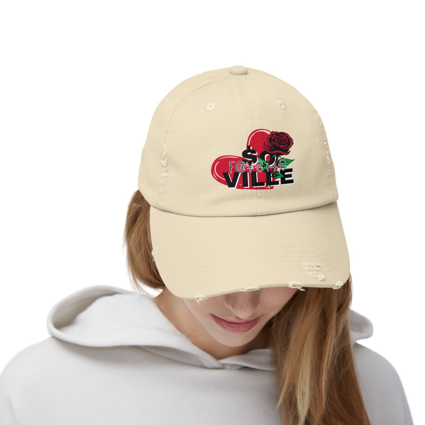 $o F@yetteVILLE Unisex Distressed Cap with Floral Heart Design - Perfect for Everyday Style and Special Occasions