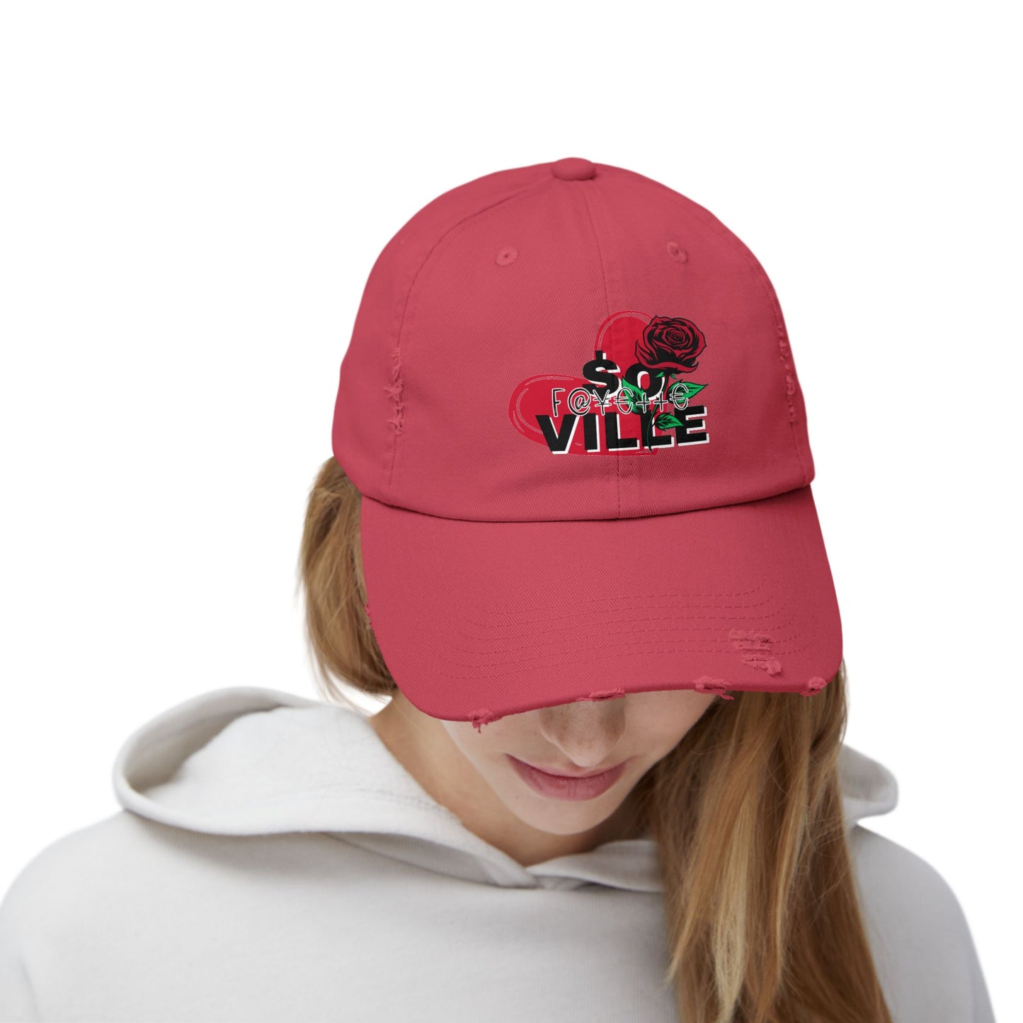 $o F@yetteVILLE Unisex Distressed Cap with Floral Heart Design - Perfect for Everyday Style and Special Occasions