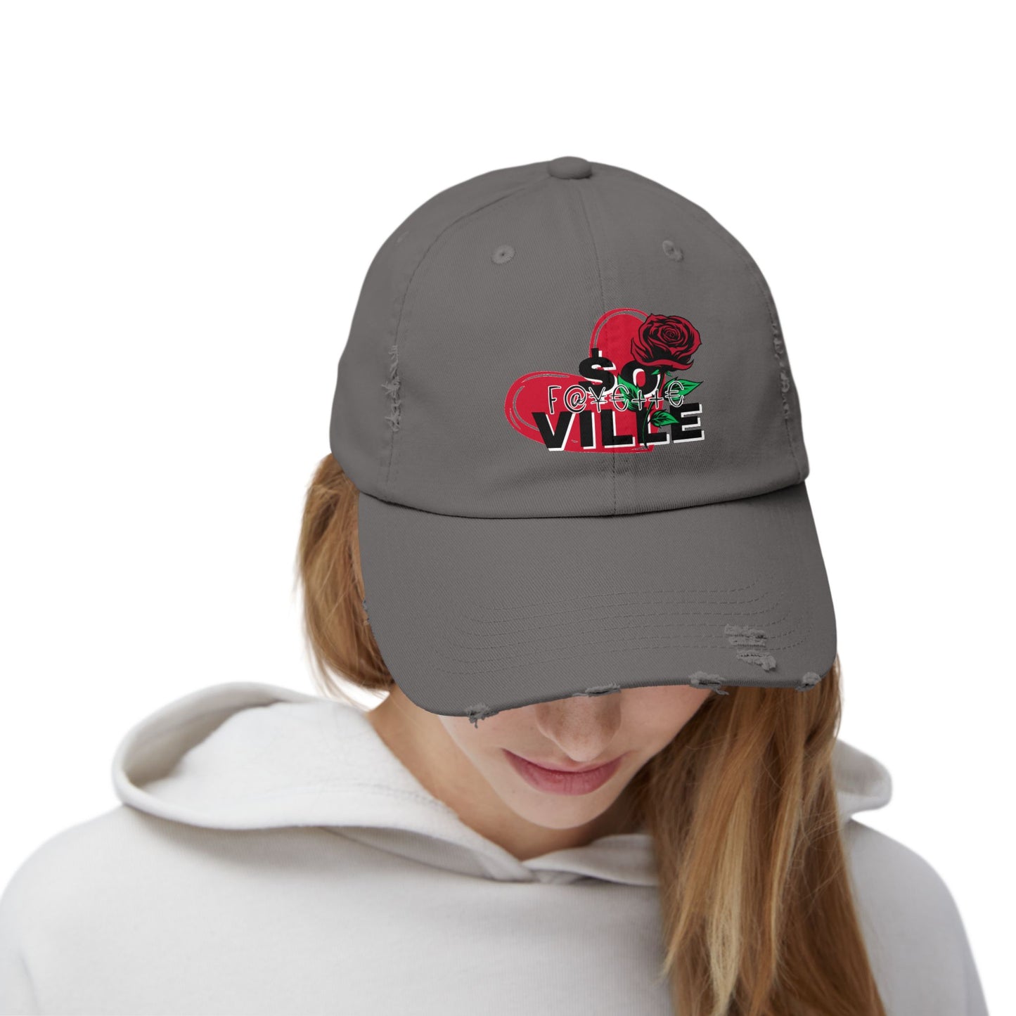 $o F@yetteVILLE Unisex Distressed Cap with Floral Heart Design - Perfect for Everyday Style and Special Occasions
