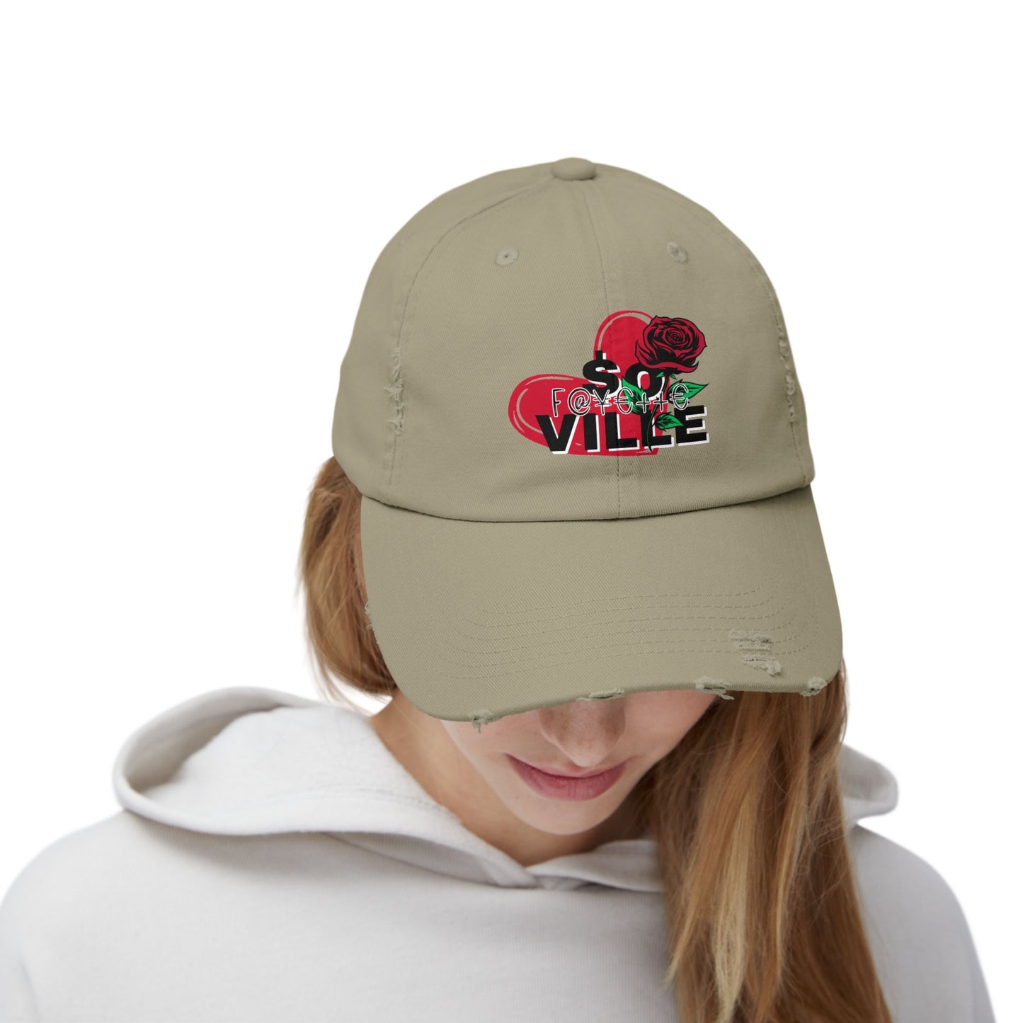 $o F@yetteVILLE Unisex Distressed Cap with Floral Heart Design - Perfect for Everyday Style and Special Occasions