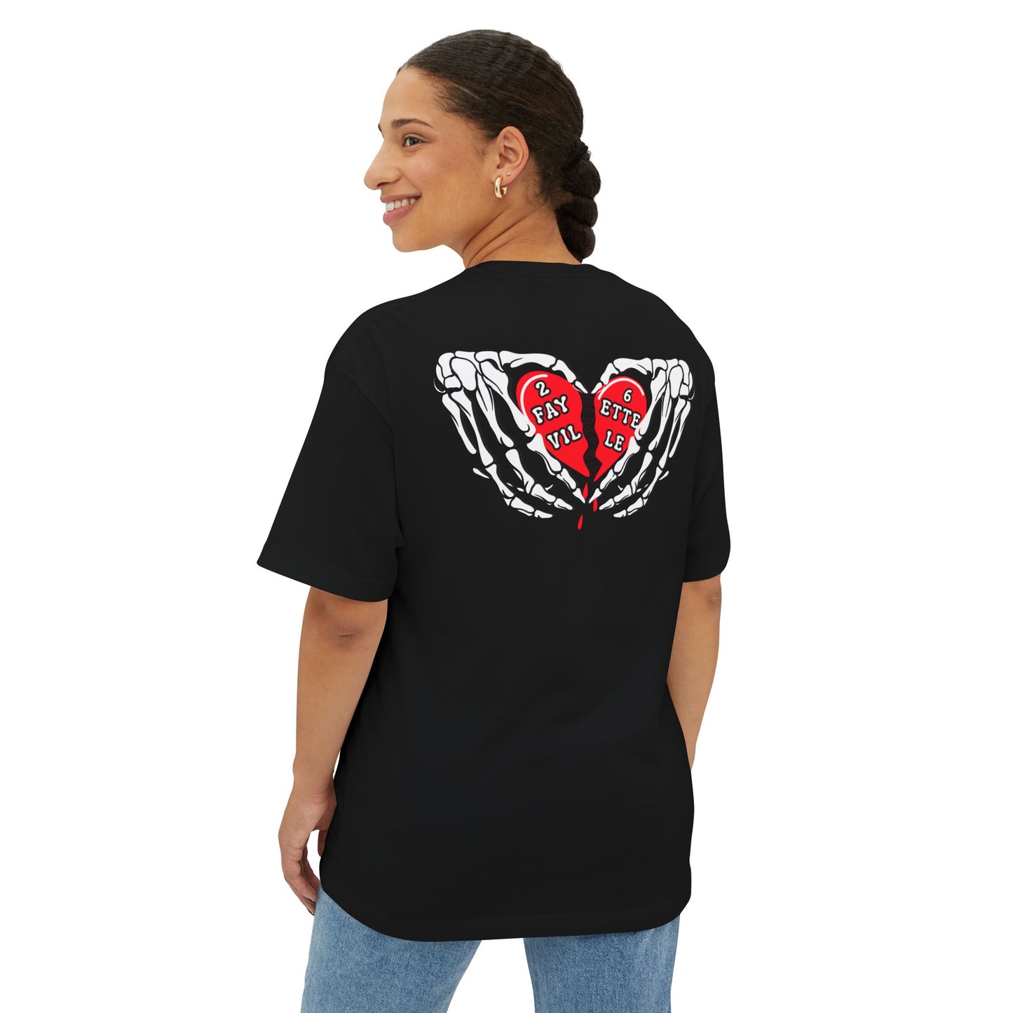 Boxy Tee — Red Broken Heart "26 Fayetteville" Graphic (Chest & Back)